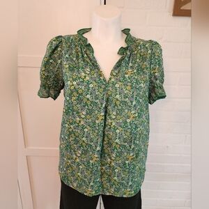 Vintage-Inspired Green Floral Ruffle Blouse – Cottagecore Top